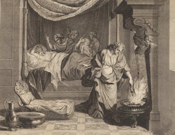 Birth of Meleager, print, Interior with three Fates at the birthing bed of Althaea, the mother of