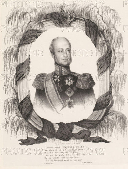 Portrait of William II, King of the Netherlands, print, Portrait of William II in an oval with