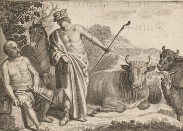 Mercury and Battus, Metamorphoses by Ovid, print, inscription: 'Ovide, Traduction du Ryer,