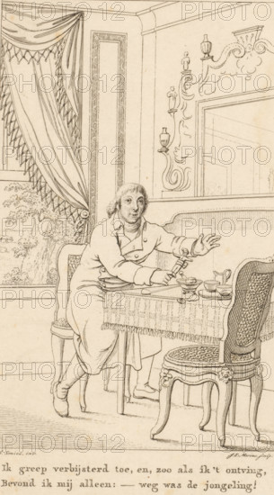 Man sitting at a table with a doll in his hand, print, book illustration, With two-line caption in