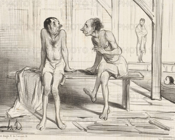 Two men on a bench in the swimming pool, Les baigneurs, Men bathing, cartoon, print, Series number,