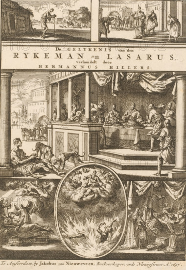 Title page for: H. Hillers, De gelykenis van den ryke man en Lazarus, 1698, Parable of the rich man