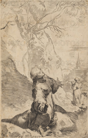Stigmatization of Saint Francis, print, Saint Francis kneeling by a tree, arms outstretched, his