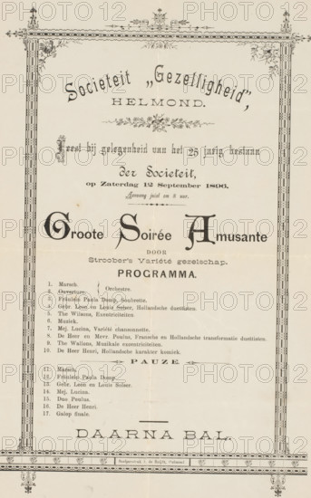 Invitation and program of the 'Groote Soirée Amusante' on the occasion of the twenty-fifth