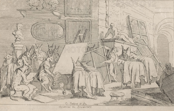 Art connoisseurs and dealers presented as donkeys, Assemblée de Brocanteurs, print, A satire on the