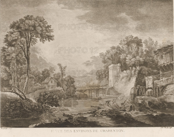 Landscape with wooden bridge over a river near Charenton, Ire Vue des Environs de Charenton, print,