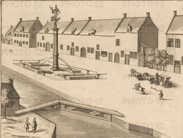 Village street with fountain with the Archangel Michael, print, book illustration, A canal with a