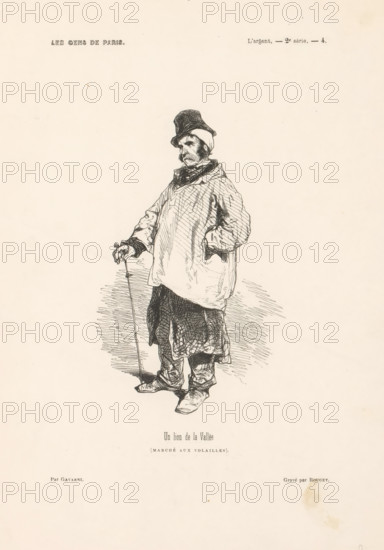 Un lion de la Vallée (marché aux Volailles), Standing man with hat and walking stick, People from