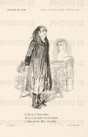 Poet standing in interior with papers in his hand, People from Paris, Les gens de Paris, print,