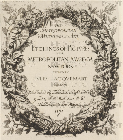 Garland of flowers and leaves around text, Etchings after paintings in The Metropolitan Museum of
