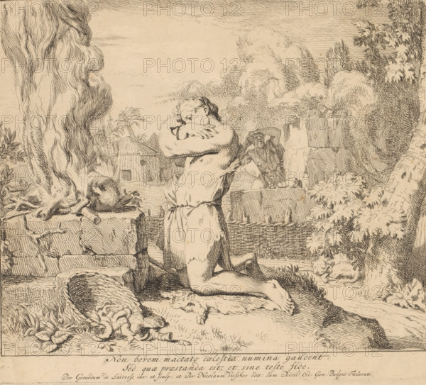 Sacrifice of Cain and Abel, Scenes from Genesis, print, Series number 4, 7, Cain and Abel kneeling