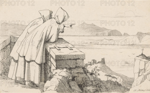 Two monks looking over the Gulf of Naples, print, Two monks looking over the Gulf of Naples towards