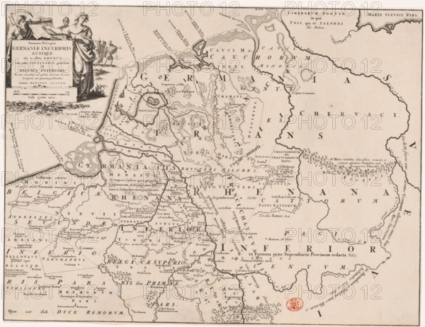 Historical map of the Netherlands with the territories of the Batavians and Frisians, Summaria
