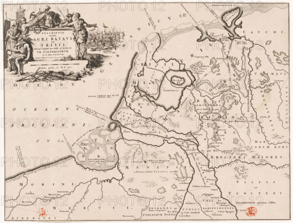 Descriptio veteris agri Batavi et Frisii, Historical map of the Netherlands with the territories of