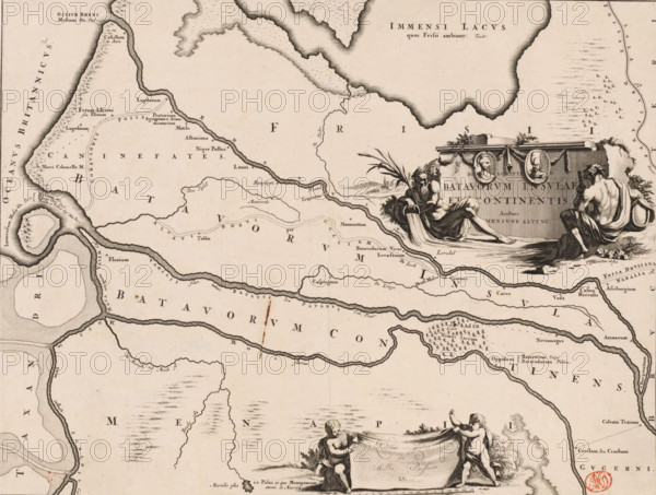 Descriptio Batavorum insulae et continentis, Historical map of the Netherlands with the areas of