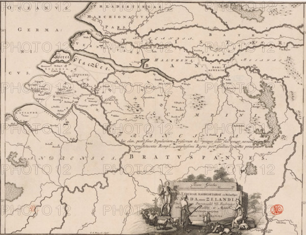 Historical map of the Netherlands with the territories of the Batavians and Frisians, Pars I