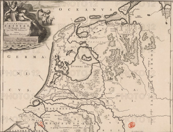 Historical map of the Netherlands with the territories of the Batavians and Frisians, Descriptio