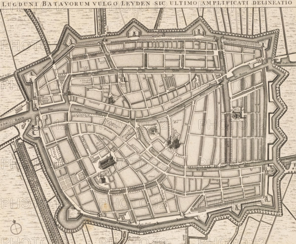 Lugduni Batavorum vulgo Leyden sic ultimo amplificati delineatio, Map of Leiden, area plan, print,