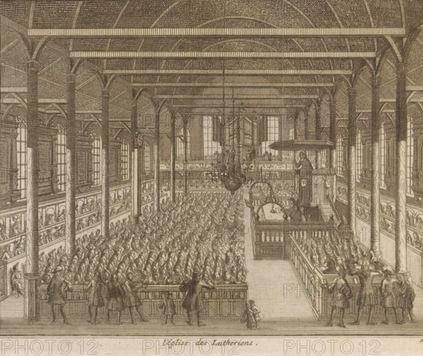 The Lutheran church in Leiden seen from the inside, L'eglise des Lutheriens, print, book