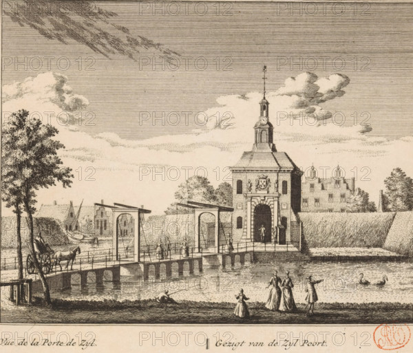 View of the Zijlpoort in Leiden, Gezigt van de Zyl Poort, Vuë de la Porte de Zyl, print, book