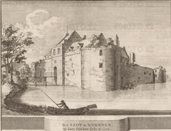 View of Woerden Castle, The castle at Woerden, visible on its left side, print, book illustration,