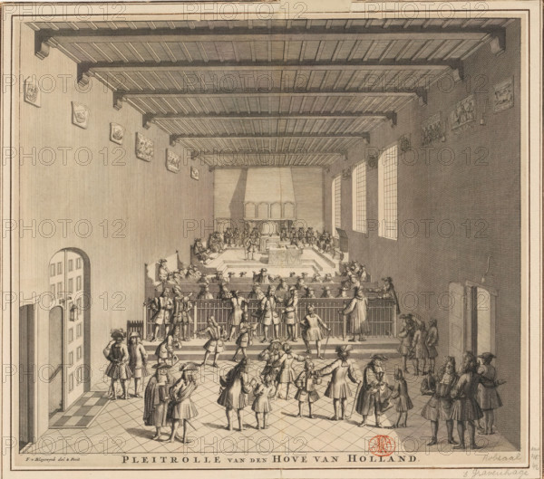 Pleading Roll of the Court of Holland, Court of Holland in session, ca. 1700, print, book