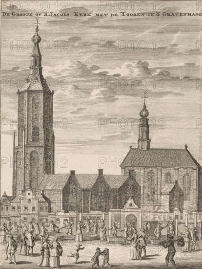 View of the Great Church in The Hague, The Great or St. James Church with the tower in The Hague,