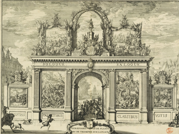 Eerepoort op de Plaats, Arc de triomphe sur la Place, Triomfoog op de Plaats, 1691, print, book