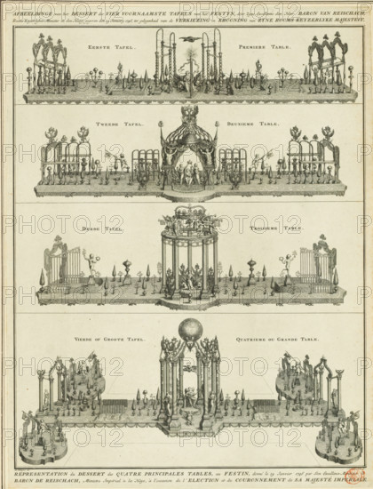 Dessert on four tables at the banquet in honor of the coronation of Emperor Francis I Stephen,