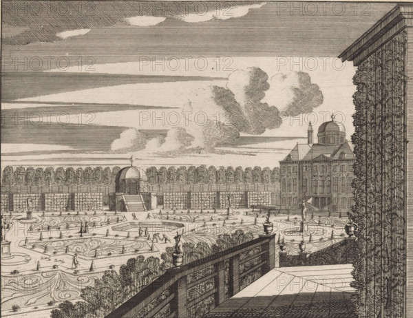 View of a part of the gardens of Huis ten Bosch, Gesigt uyt het oosterse cabinet van boven en over