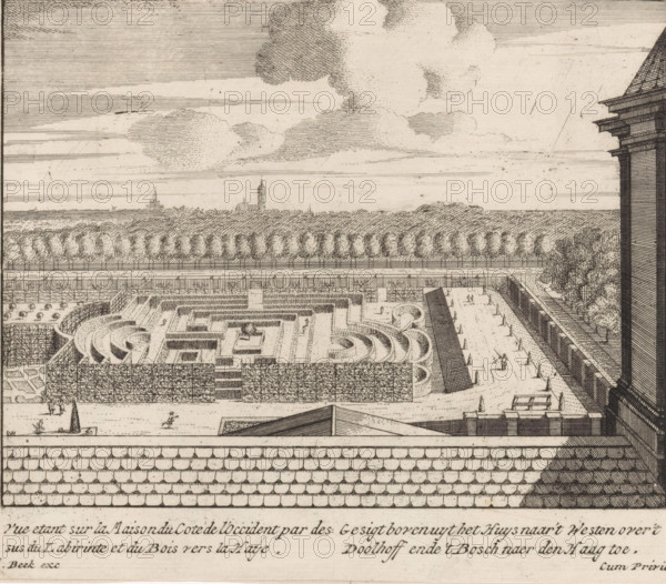 View from above the house toward the west over the labyrinth and the forest toward The Hague, View