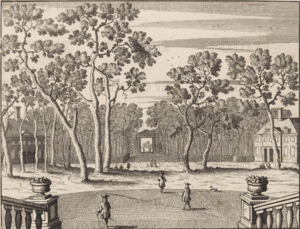 View of the front gate of Huis ten Bosch, 't Gesigt van trappen van 't huys siende naer de voorste