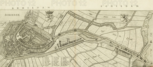 Schiedam, Map and description of Schiedam, area plan, print, Map in bird's-eye perspective and part