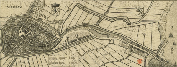Map of Schiedam, Schiedam, area plan, print, Map in bird's-eye perspective. Top left the title, to