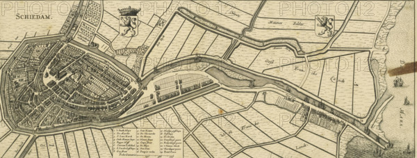 Schiedam, Map of Schiedam, area plan, print, Map in bird's-eye view perspective. Top left the