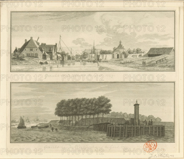 View of Goes, 1743, View of the harbor and Westerschans in Goes, print, Above a view of Goes, seen