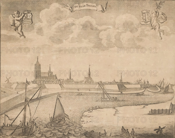 View of Tholen, The City of Tholen, print, book illustration, seen from the water. Top left a putto