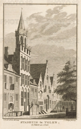 Town Hall in Tholen, View of the Town Hall of Tholen, 1743, print, book illustration, in the