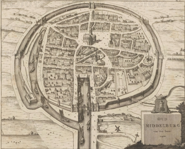 Old Middelburg of the Year 1400, Map of Middelburg, ca. 1400, print, book illustration, Map of