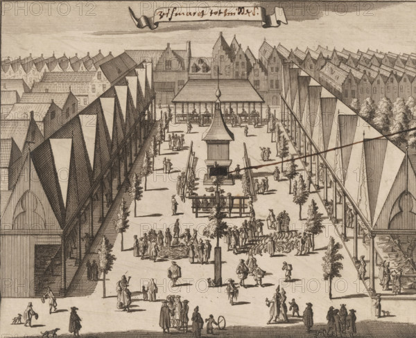 Vismarct tot Middelb., View of the Fish Market in Middelburg, print, where fish are sold in both