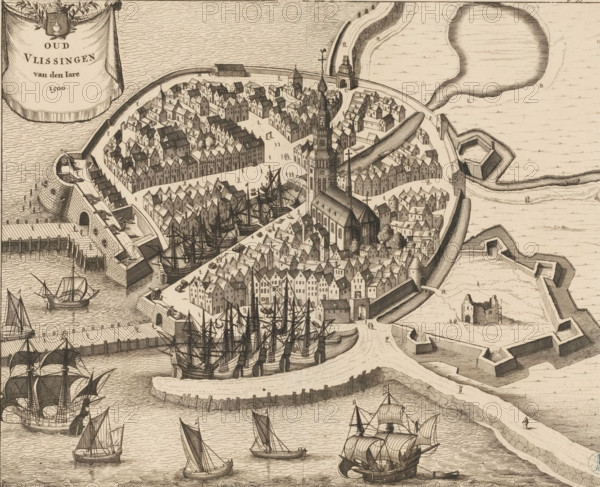 Old Vlissingen of the Year 1500, Map of Vlissingen, 1500, print, book illustration, Bird's-eye view