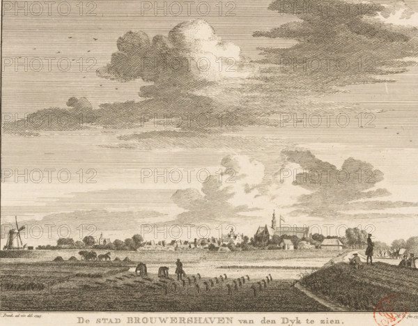 View of Brouwershaven, seen from the dike, 1745, The city of Brouwershaven seen from the Dike,
