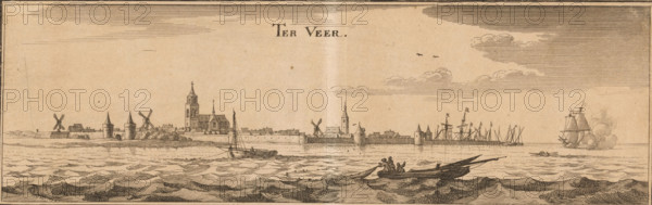 Ter Veer, View of Veere, print, seen from the water. Title at the top center., printmaker: Caspar