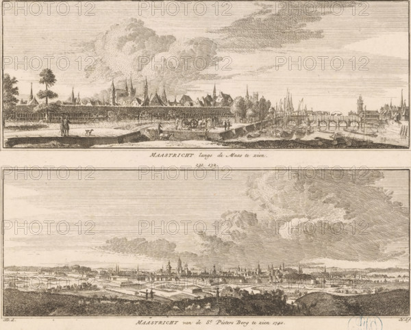 Two views of Maastricht, from the Meuse and from the Sint-Pietersberg, Maastricht seen along the