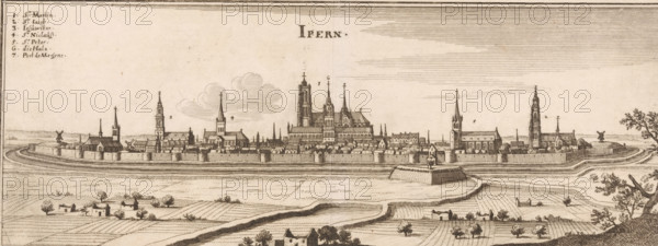 Ipern, View of Ypres, print, View of Ypres from the south. Top left a legend 1-7., printmaker: