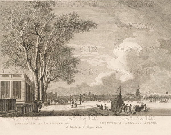Amsterdam on the Amstel 1762, Amsterdam a la Riviere de l'Amstel, View of the frozen Amstel in