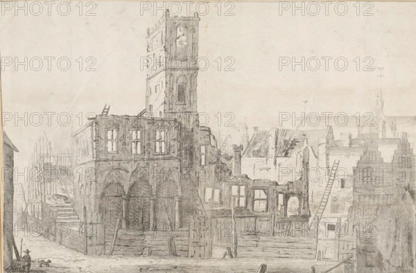 Ruins of the burned-down Old City Hall of Amsterdam, 1652, print, The ruins of the Old City Hall of