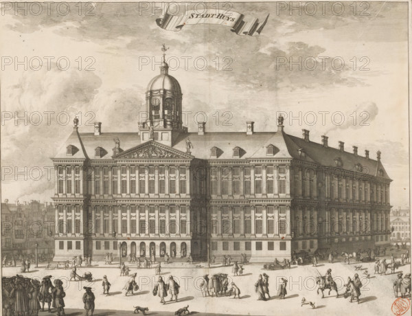 View of the front of the City Hall on the Dam, Stadt Huys, print, book illustration, View of the