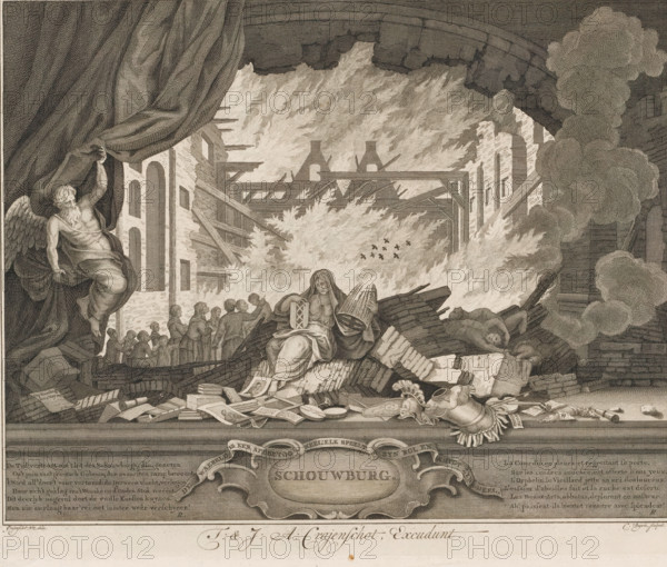 Allegory on the fire of the theatre on the Keizersgracht in Amsterdam, 1772, Theatre, Title print
