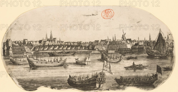 Boats with musketeers or soldiers in the Outer Amstel in front of Amsterdam, print, most likely